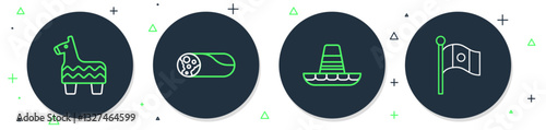 Set line Burrito, Mexican sombrero, Pinata and Mexico flag icon. Vector