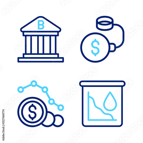 Set line Drop in crude oil price, Dollar rate decrease, Debt ball chained to coin and Bank building icon. Vector