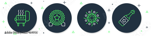 Set line Medal with star, Firework, Barbecue grill and Champagne bottle icon. Vector