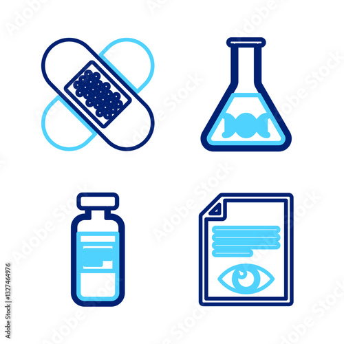 Set line Paper page with eye, Medical vial, ampoule, DNA research, search and Crossed bandage plaster icon. Vector