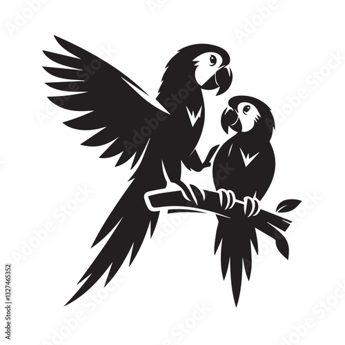 two parrots embracing on a branch with wings spread, black and white silhouette artwork, tribal-inspired avian design, exotic tropical birds, wildlife lovers illustration
