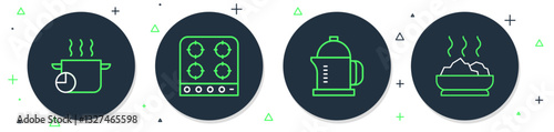 Set line Gas stove, French press, Cooking pot and Bowl of hot soup icon. Vector