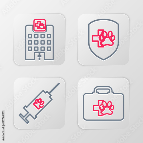 Set line Pet first aid kit, Syringe with pet vaccine, Animal health insurance and Veterinary medicine hospital icon. Vector