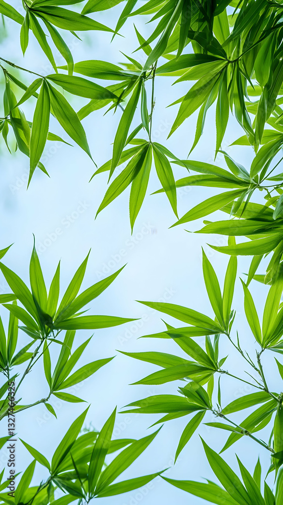 Naklejka premium Lush green bamboo leaves against a soft blue sky