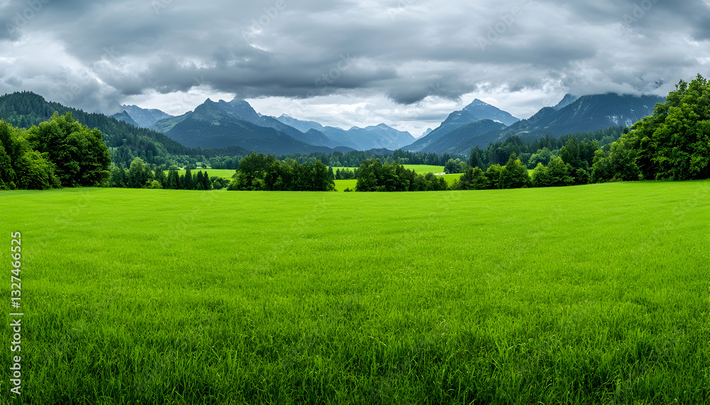 Fototapeta premium Lush green field stretches to a mountain range under a cloudy sky