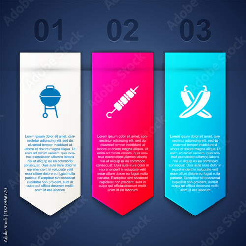 Set Barbecue grill, Grilled shish kebab and Crossed hot chili pepper pod. Business infographic template. Vector