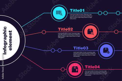 Set Search barcode, package, Package box with check mark and Delivery fragile content. Business infographic template. Vector