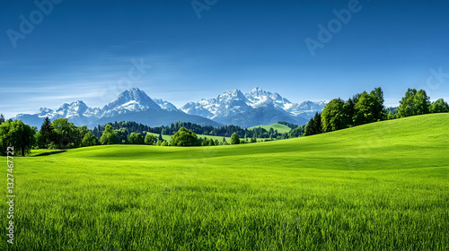 Lush green meadow stretches towards snow-capped mountains under a vibrant blue sky