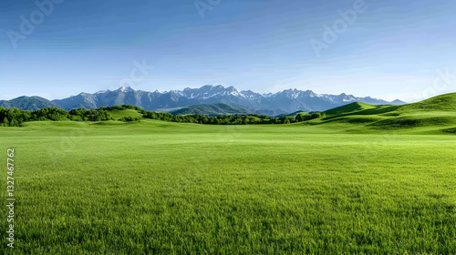 Lush green meadow stretches towards snow-capped mountains under a vibrant blue sky (1)
