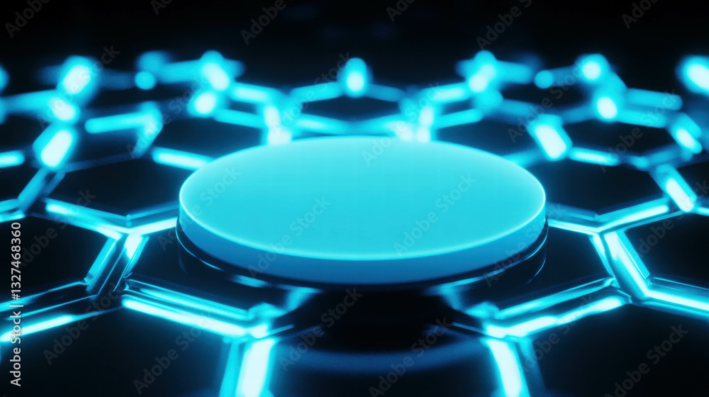 Fototapeta premium Futuristic blue illuminated circular podium on hexagonal surface design for technology displays