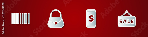 Set Barcode, Handbag, Smartphone with dollar and Hanging sign Sale icon. Vector