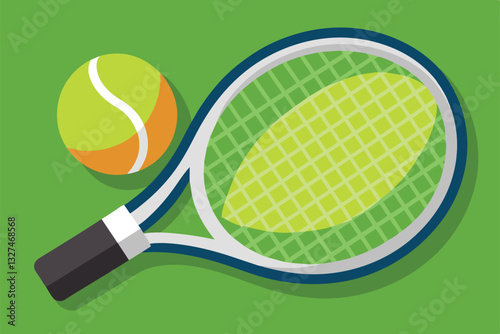 A detailed depiction of a tennis racket alongside a bright tennis ball, set against a green backdrop, Tennis Customizable Semi Flat Illustration