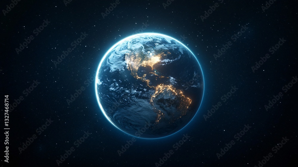 Glowing planet in dark space, vibrant blue and green hues, depicting Earth with bright city lights, ideal for environmental themes. Glowing planet in dark space, vibrant blue and green hues, depicting Earth with bright city lights, ideal for environmental themes.