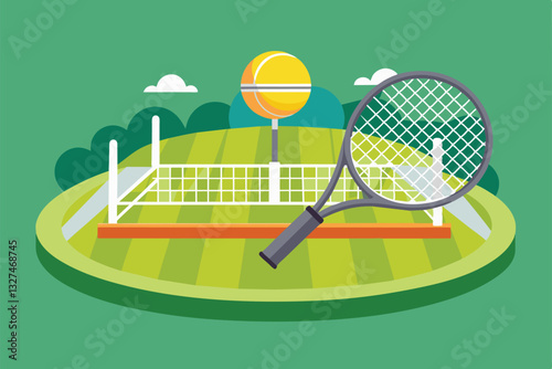 A customizable semi-flat tennis court showcases a net and a tennis ball, set in a vibrant green park, Tennis Customizable Semi Flat Illustration