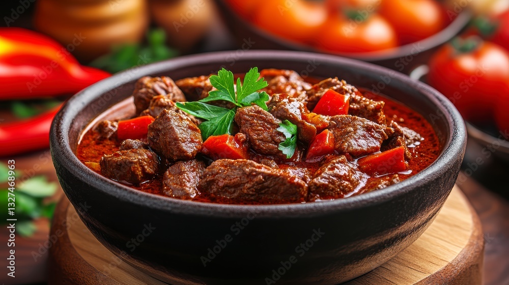 Dark Beef Stew with Red Peppers in Rustic Bowl Dark Beef Stew with Red Peppers in Rustic Bowl