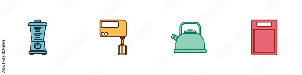 Set Blender, Electric mixer, Kettle with handle and Cutting board icon. Vector Set Blender, Electric mixer, Kettle with handle and Cutting board icon. Vector