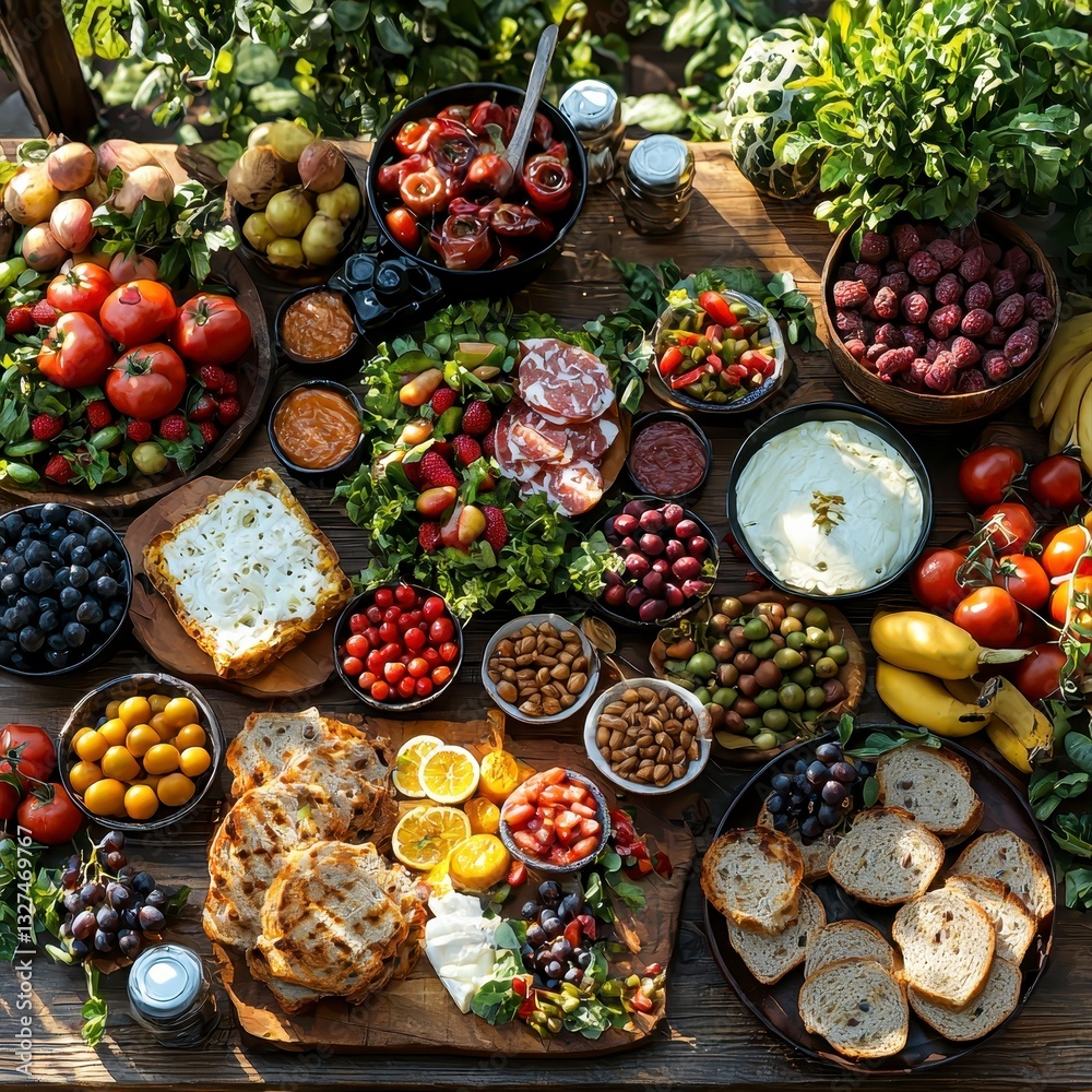Fototapeta premium Vibrant farmers market brunch spread on rustic wooden table with fresh fruits, vegetables, bread, and colorful dishes