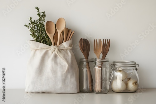 Eco-Friendly Cotton Bag Filled with Fresh Vegetables and Jars