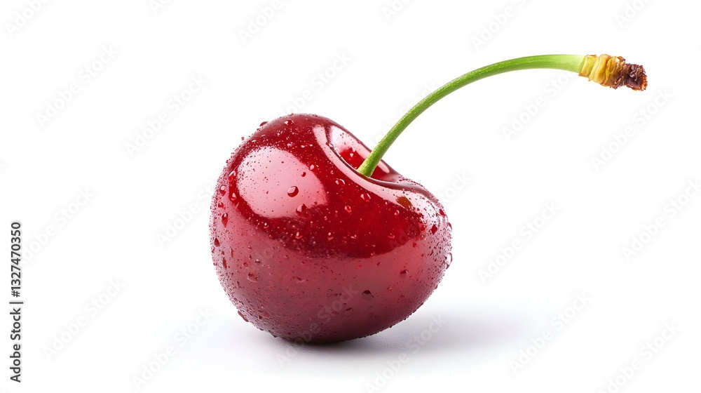 Ripe red cherry with stalk isolated on white
