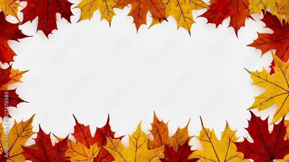 Maple leaves decorate the edges of a white background. Animated autumn frame background with free space for text. Maple leaves decorate the edges of a white background. Animated autumn frame background with free space for text.