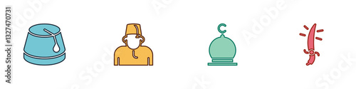 Set Turkish hat, Muslim man, Mosque and Arabian saber icon. Vector