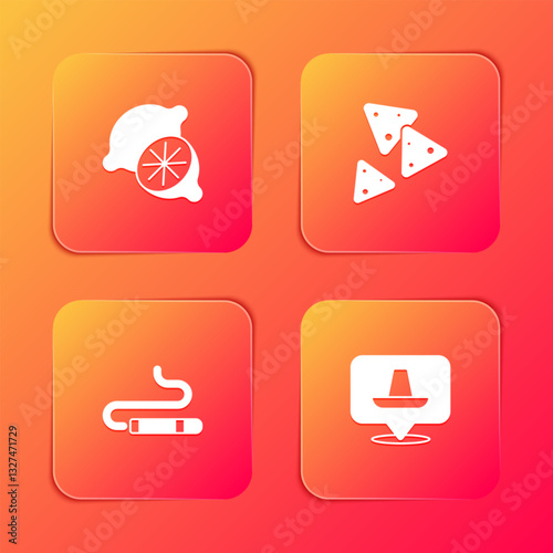 Set Lime, Nachos, Cigar and Mexican sombrero icon. Vector