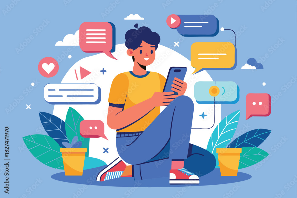 Fototapeta premium A young individual is engaged in texting on a smartphone amidst vibrant chat bubbles and greenery, Texting Customizable Disproportionate Illustration