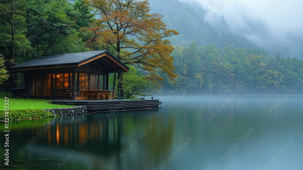 Serene lakeside cabin, autumn mist, tranquil scene. Serene lakeside cabin, autumn mist, tranquil scene.