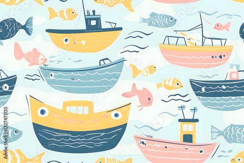 Cute boats and fish in light blue, pink, and yellow tones, seamless nautical pattern