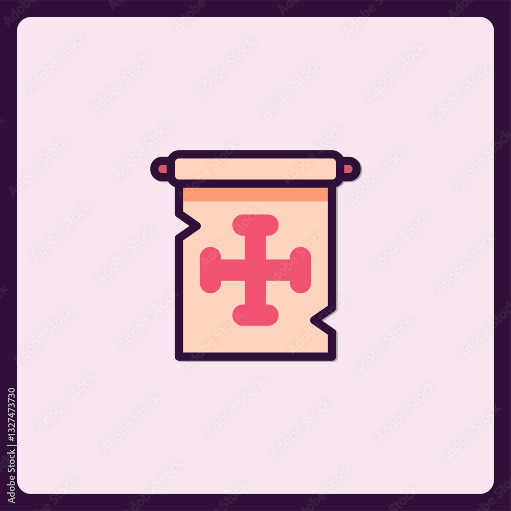 Fototapeta premium Stylized scroll icon with centered red cross for medieval designs