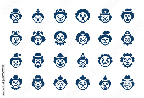 clown face icons collection, happy sad expressions classic circus attire, tragic mournful pathetic woeful