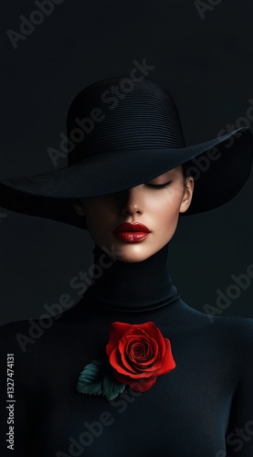 Woman in black outfit and hat showcasing striking red rose against a dark backdrop
