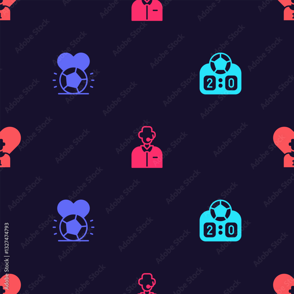 Φωτογραφία Set Sport mechanical scoreboard, Soccer football ball, Football soccer commentator and player on seamless pattern