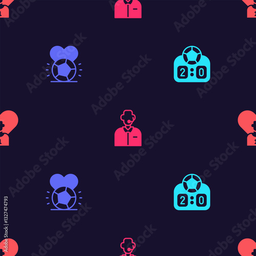 Set Sport mechanical scoreboard, Soccer football ball, Football soccer commentator and player on seamless pattern. Vector