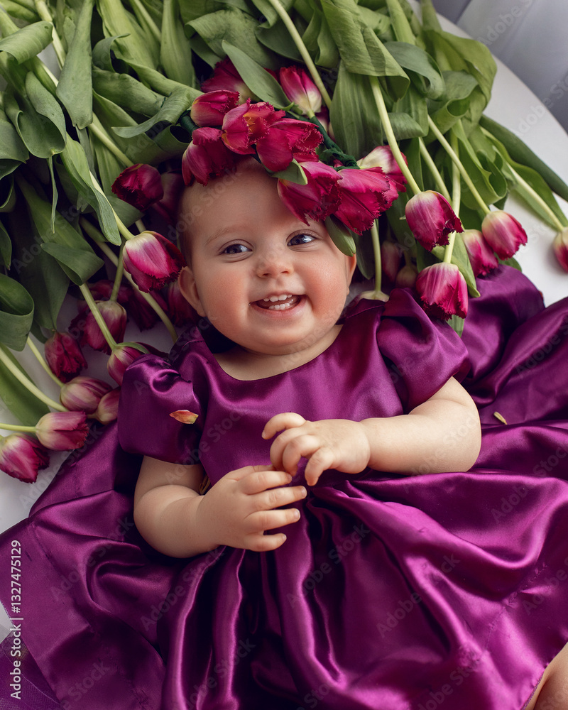 A portrait of a cheerful, beautiful one-year-old girl Lying on his back in a burgundy dress at the window of the house. He wears a wreath of flowers on his head