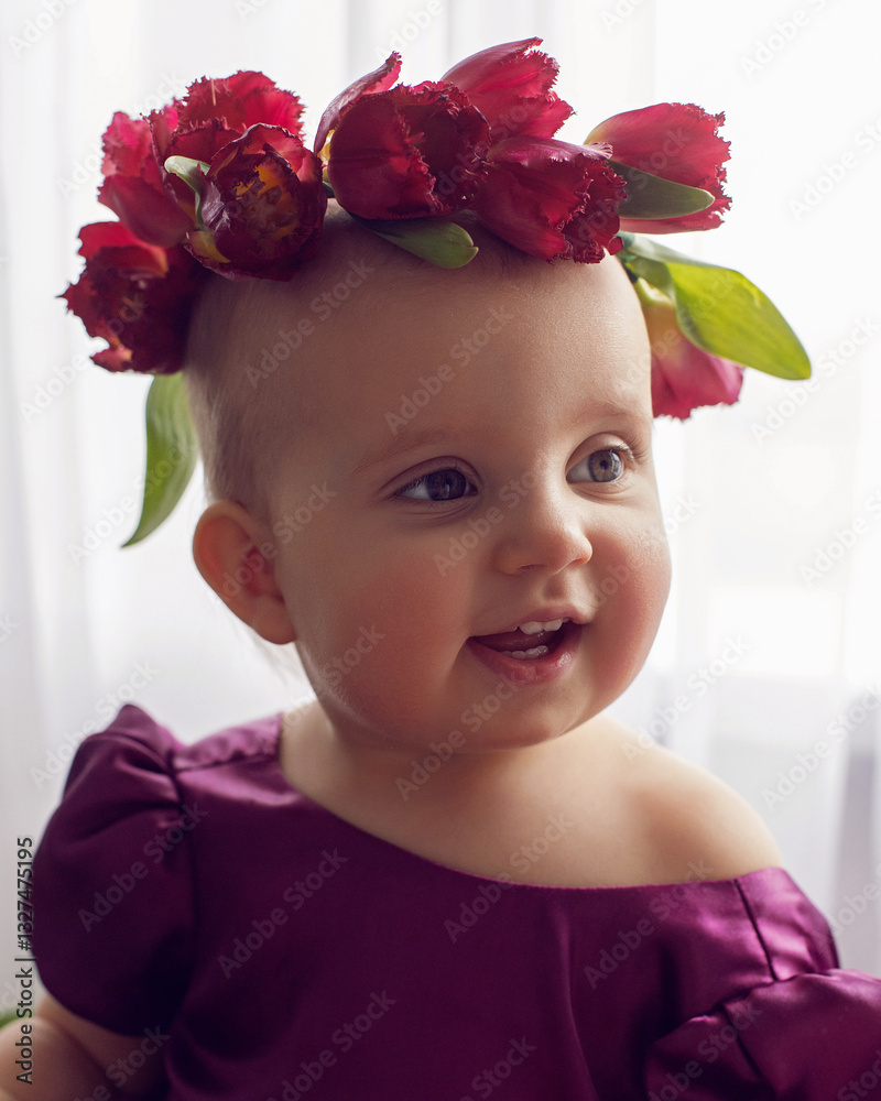 A portrait of a cheerful, beautiful one-year-old girl stands in a burgundy dress at the window of the house. He wears a wreath of flowers on his head