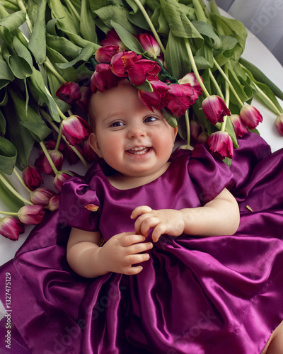 Obraz na płótnie A portrait of a cheerful, beautiful one-year-old girl Lying on his back in a burgundy dress at the window of the house. He wears a wreath of flowers on his head w salonie