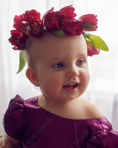 Obraz na płótnie A portrait of a cheerful, beautiful one-year-old girl stands in a burgundy dress at the window of the house. He wears a wreath of flowers on his head w salonie