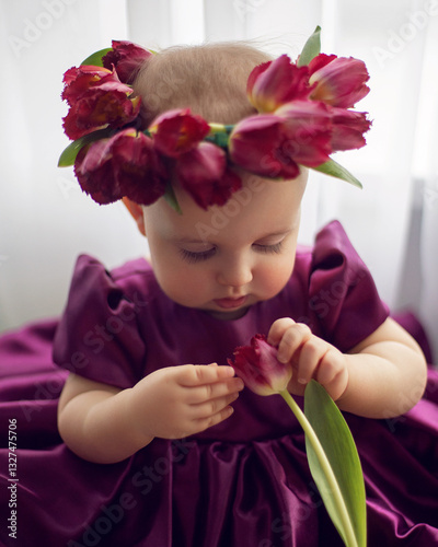 A portrait of a cheerful, beautiful one-year-old girl stands in a burgundy dress at the window of the house. He wears a wreath of flowers on his head
