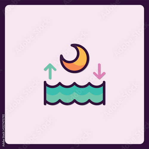 Tidal movement with moon influence icon, water levels rising and falling design