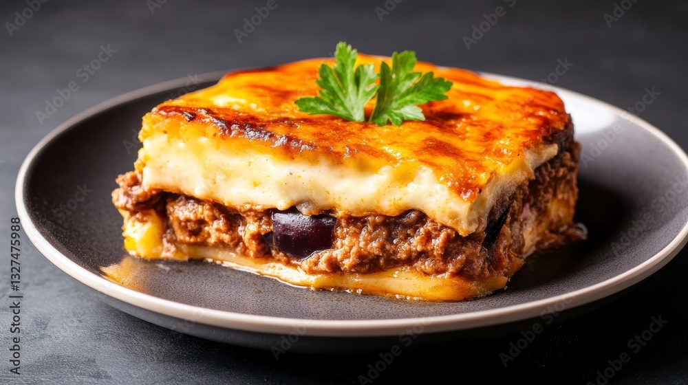 Golden Brown Moussaka on Dark Plate Greek Cuisine Food Photography Golden Brown Moussaka on Dark Plate Greek Cuisine Food Photography