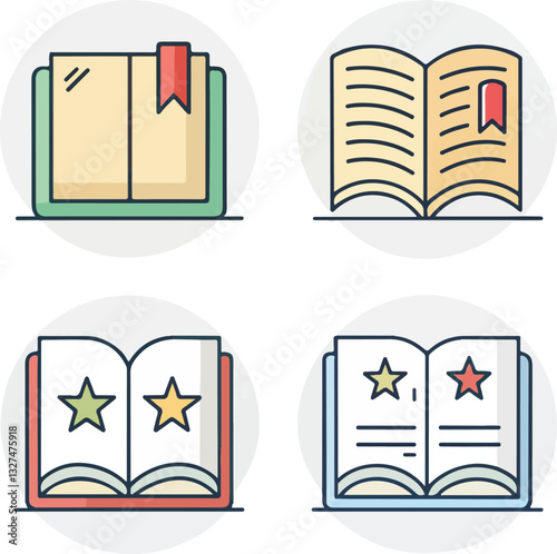 Set of Book-Themed Icons with Editable Stroke in Vector Format