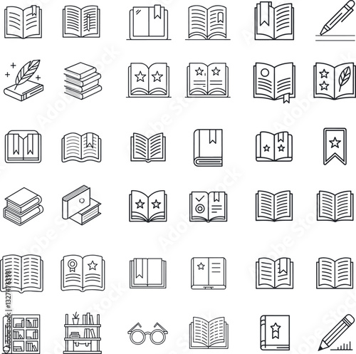 Set of Book-Themed Icons with Editable Stroke in Vector Format