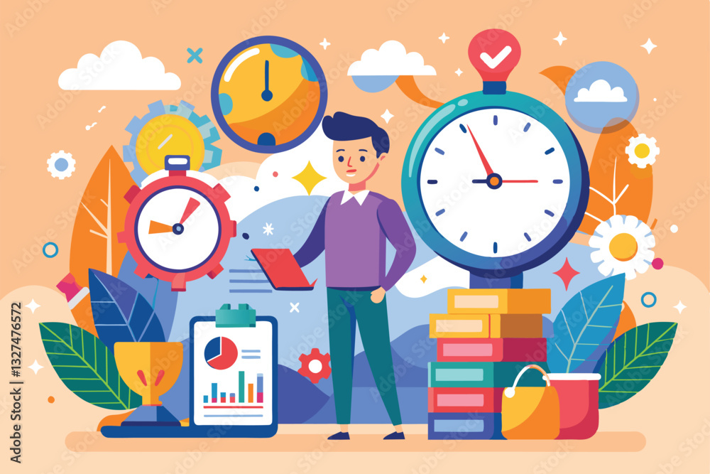 A person engages with digital tools to organize tasks and optimize time management amidst colorful décor, The concept of character and time management A person engages with digital tools to organize tasks and optimize time management amidst colorful décor, The concept of character and time management