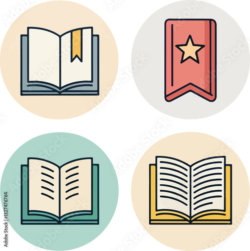 Set of Book-Themed Icons with Editable Stroke in Vector Format