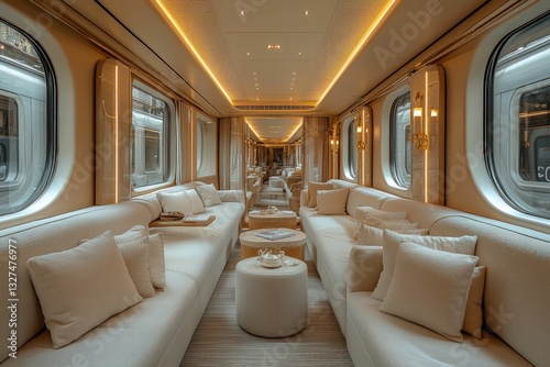 Luxurious train car interior, serene ambiance, elegant seating.