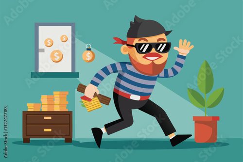 A cartoon character with sunglasses runs away, holding stolen cash while waving cheerfully in a colorful setting, The criminal steals money, Cartoon flat vector illustration