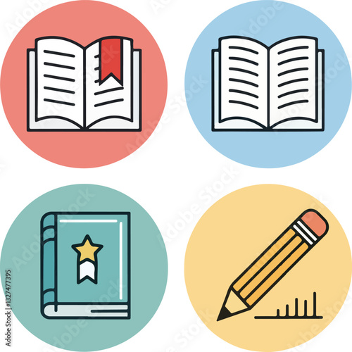 Set of Book-Themed Icons with Editable Stroke in Vector Format
