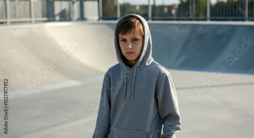 Teen boy in gray hoodie standing at skate park in urban setting