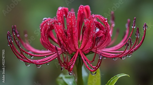 Red flower with water drops on green background. Use Nature
